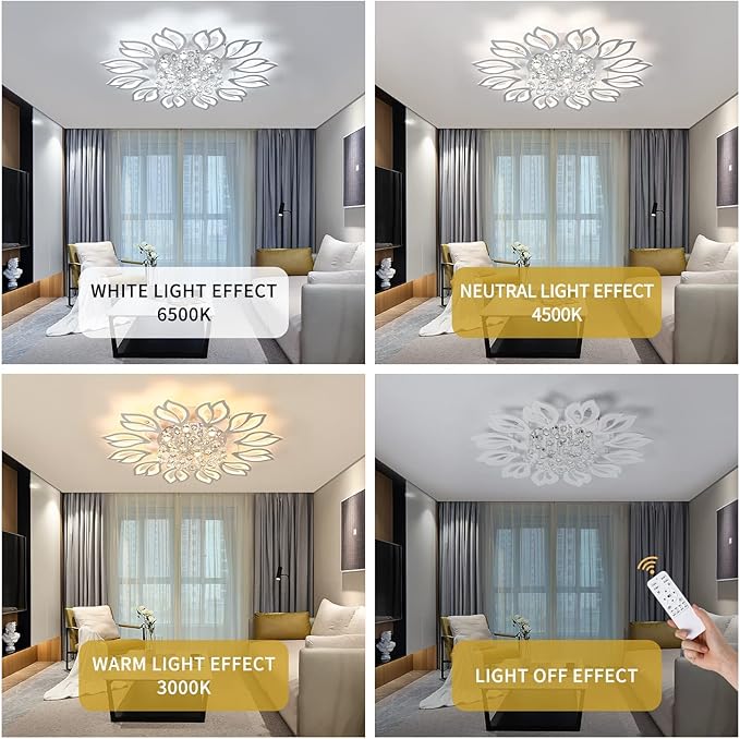 Tioolo Modern Ceiling Lamp, Dimmable LED Ceiling Light, 12-Head Flush Mount Flower Shape Chandelier with Remote, Acrylic Petal Lighting Fixture for Bedroom Kitchen Dining Living Room (55W,White)
