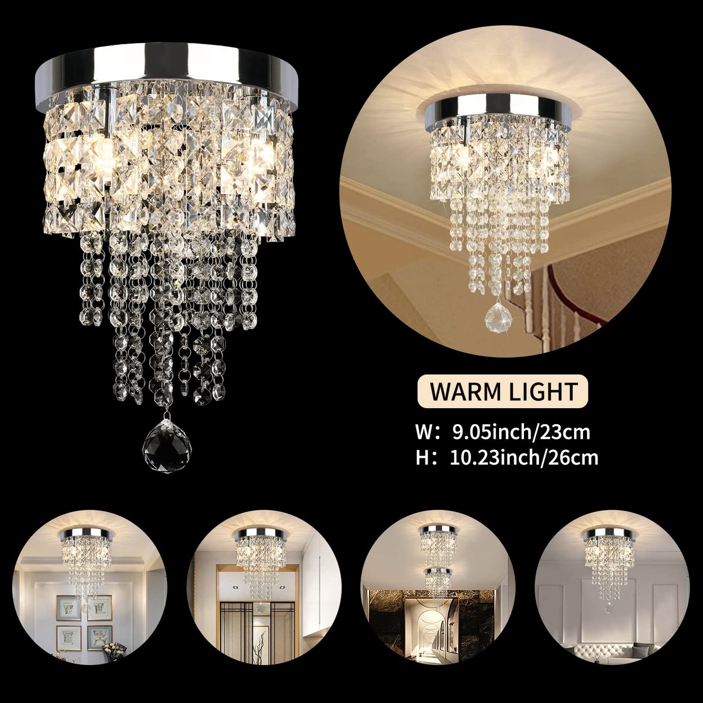 TISLYCO Crystal Chandelier, Modern 3 Light Fixture, Small Flush Mount, Silver, 9.05inx10.25in