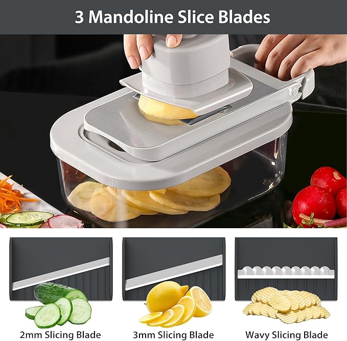 11-in-1 Vegetable Chopper for Kitchen, Food Chopper with Container, Mandoline Slicer Onion Dicer, Veggie Cutter for Fruit Salad Kitchen Gadgets Essential Tools (Grey)