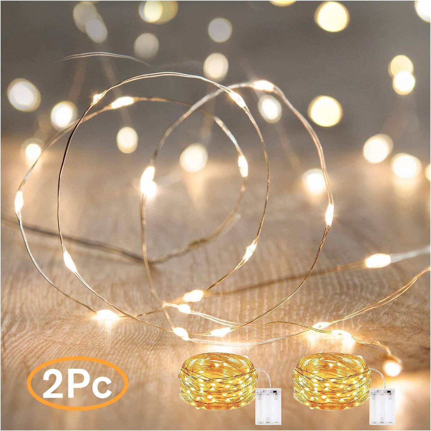ANJAYLIA Fairy Lights 50 LED String Lights Battery Operated 16.4ft 2 Pack Warm White