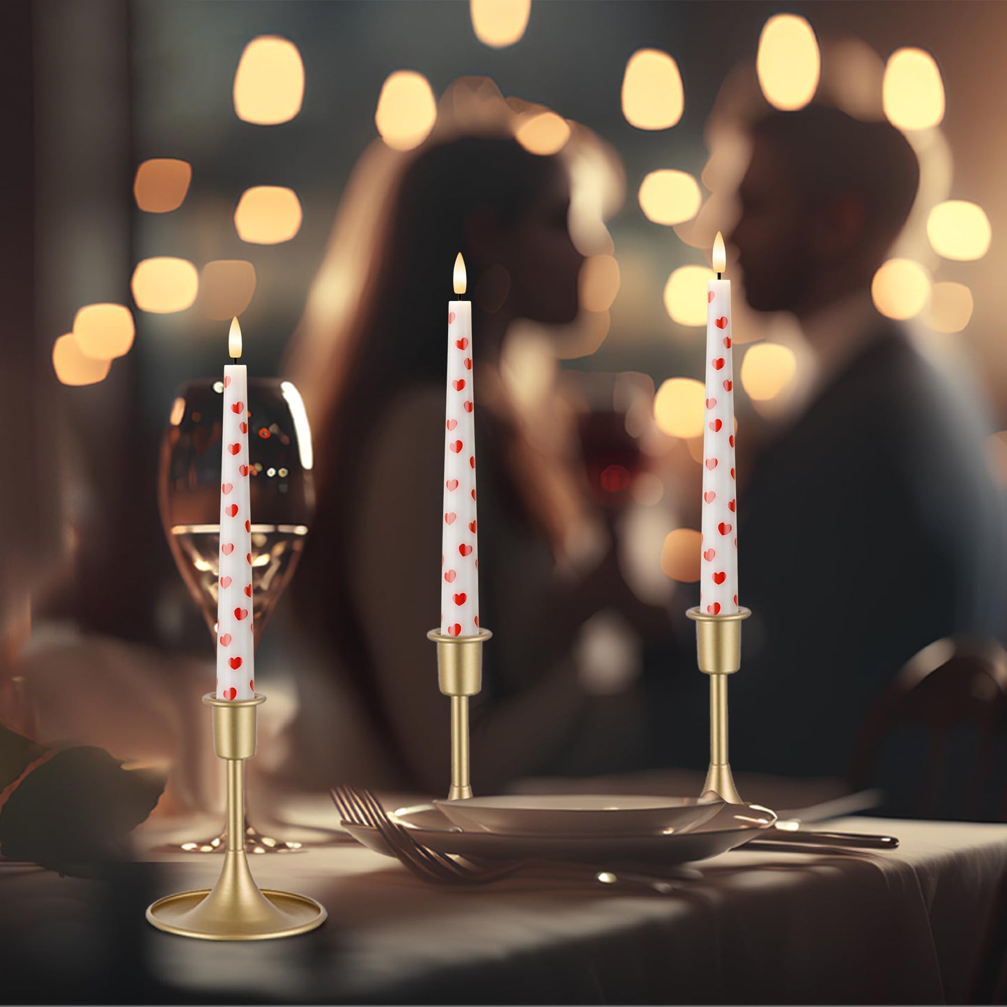 AFINETH Valentine Day Flameless Taper Candles with Heart, 9.6" Real Wax LED Candles with Remote, 3 Pack Flickering Battery Operated Candlesticks for Proposal Wedding Anniversary Romantic Night