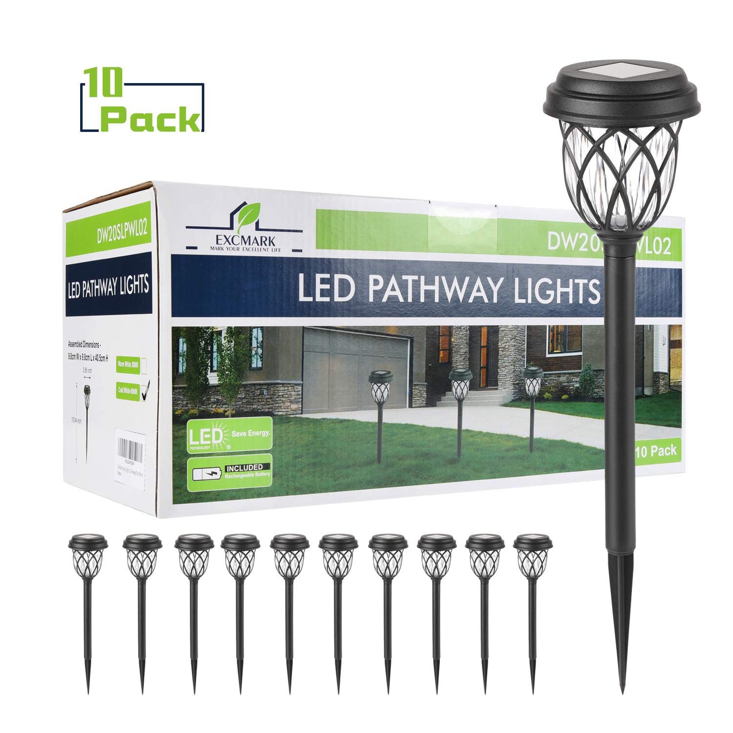 Excmark 10 Pack Solar Lights - Outdoor Garden Pathway Lights, Cool White, Plastic For Walkways, Sidewalks, And Driveways