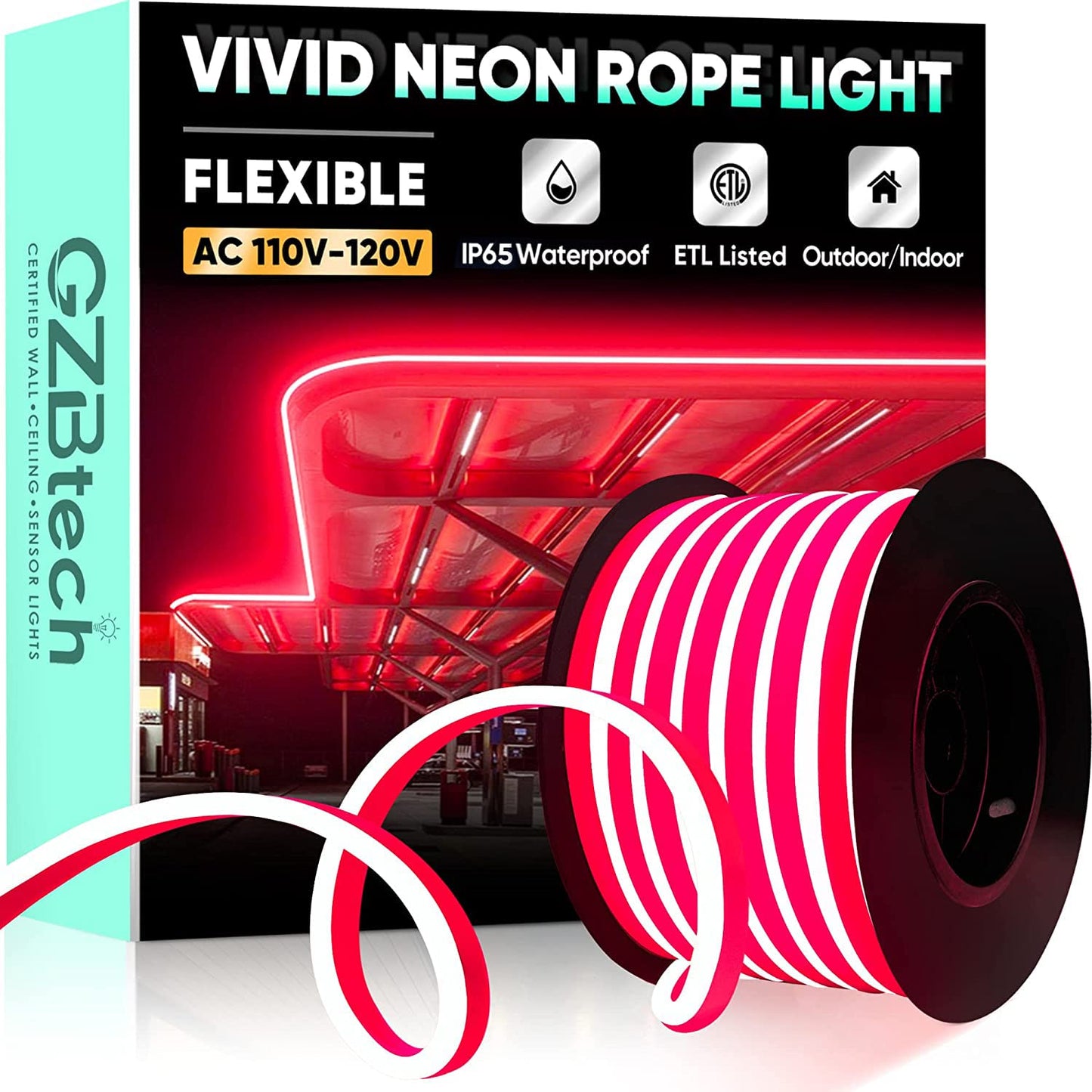 Gzbtech Flexible Led Neon Rope Lights 50Ft Ac 110-120V Waterproof Strip Light  120 Leds/M Cuttable Connectable Neon Lighting For Indoor Outdoor Home Decor/Commercial Building Use-Red 15M
