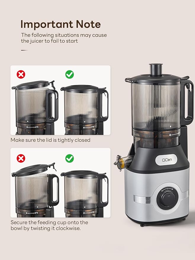 QCen Cold Press Juicer, 5.5” Wide Feed Chute Slow Masticating Juicer Machine for Whole Fruits and Vegetables, Easy to Clean (Silver)