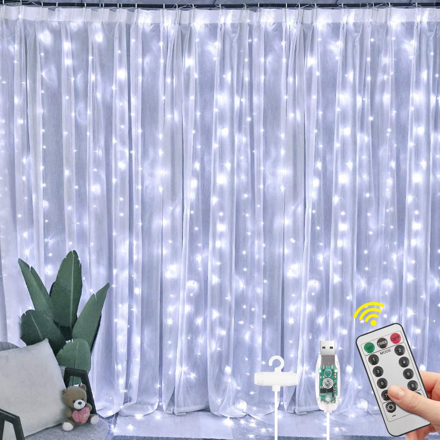 Vicloon Fairy Curtain Lights, 300 LED, 9.8x9.8Ft, Waterproof, USB Powered, Remote Control, White
