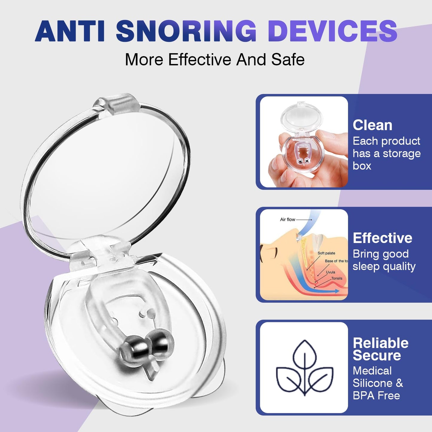 OHALEEP Anti Snoring Devices, Snore Stopper with Adjustable Magnet, Silicone Nose Clip Stop Snoring, Effective to Relieve Snoring, Snoring Solution for Comfortable and Quieter Sleep, White,M