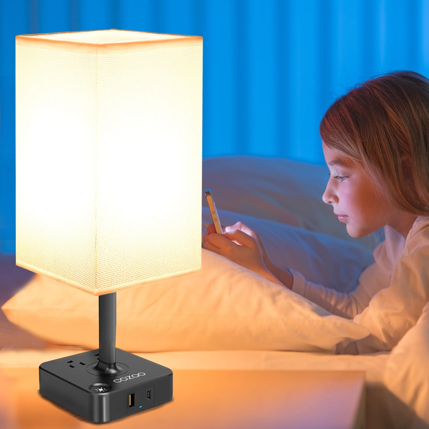 Cozoo Usb Bedside Table & Desk Lamp, 3 Usb Ports, 2 Outlets, Large White Fabric Shade, Model Mc003