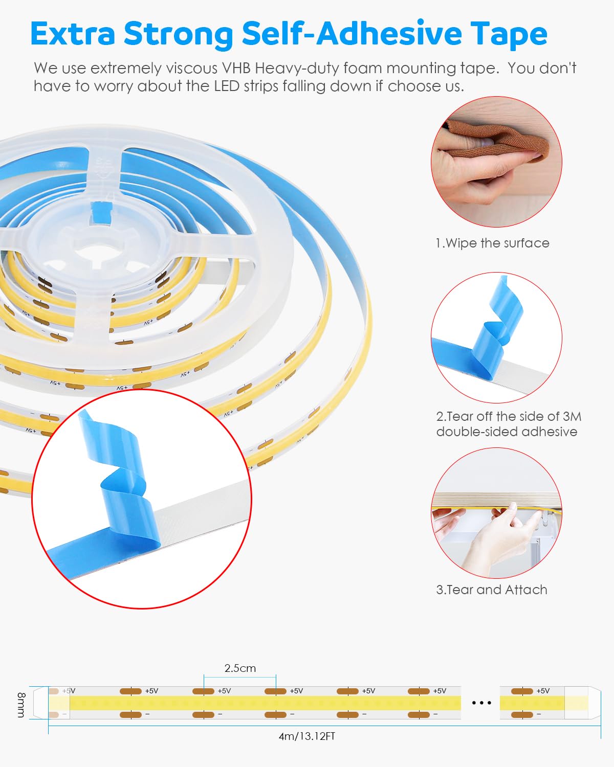 Aclorol 5V Cob Led Strip Lights 13.12Ft Dimmable Led Tape Light With 1.5M Usb Cable 6000K Cold White Dotless Led Strip For Mirror 3D Printer Tv Backlight Under Cabinet Lighting Projects 320Leds/M