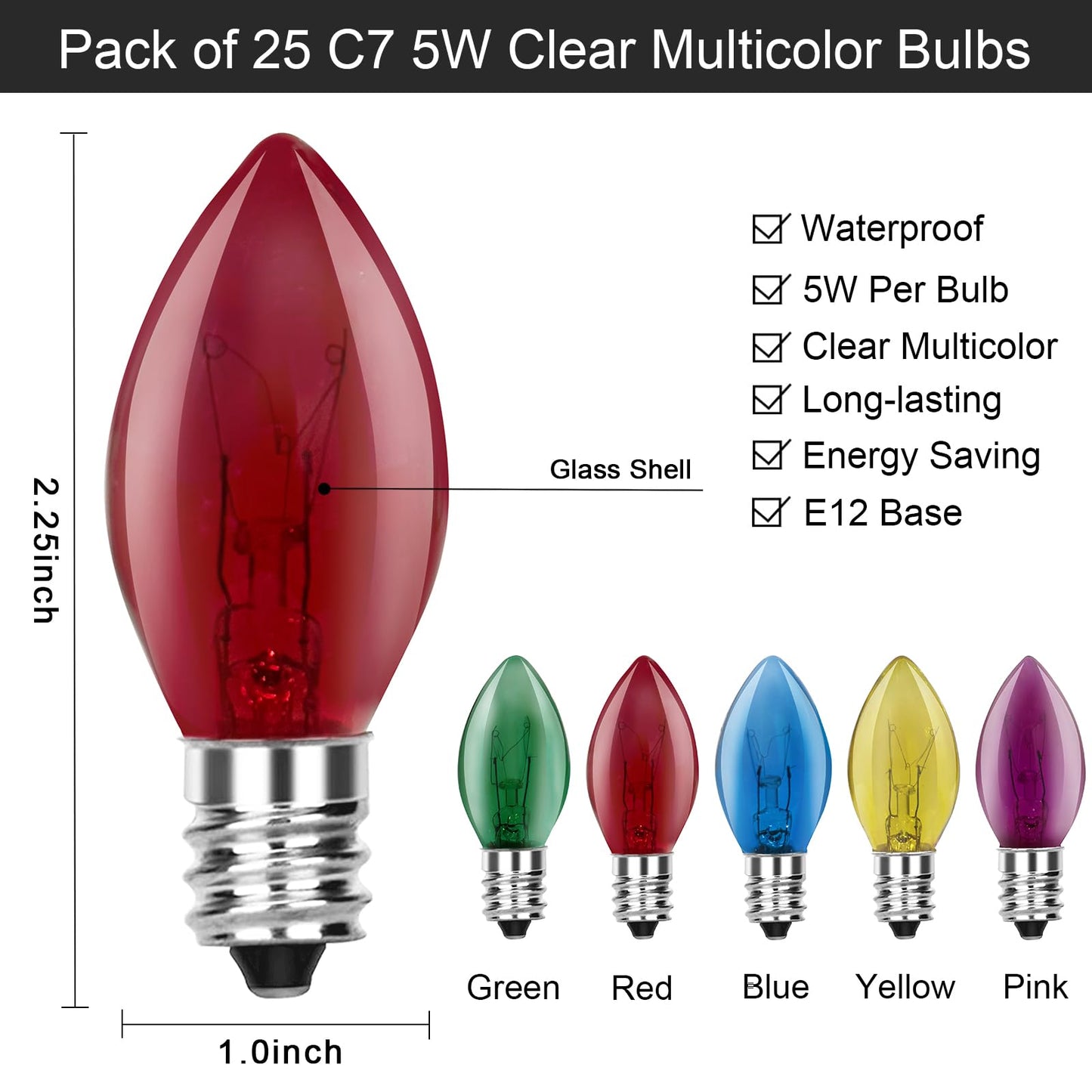 SUNSGNE C7 Multicolor Christmas Replacement Bulbs, 5 Watt, E12 Base, 25 Pack, Transparent Multicolor Glass