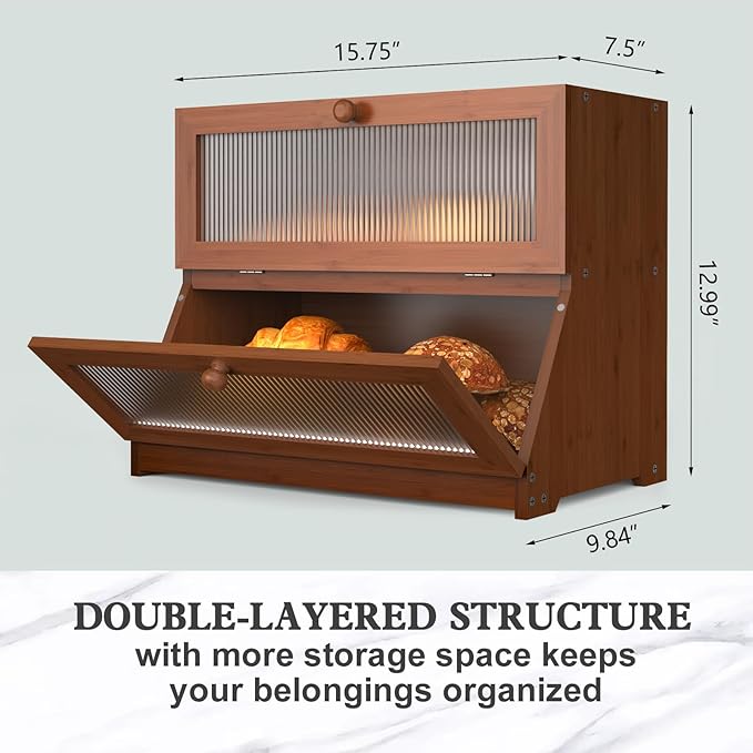 Bread Box for Kitchen Countertop: 2-Tier Bamboo Large Bread Storage Container,Brown