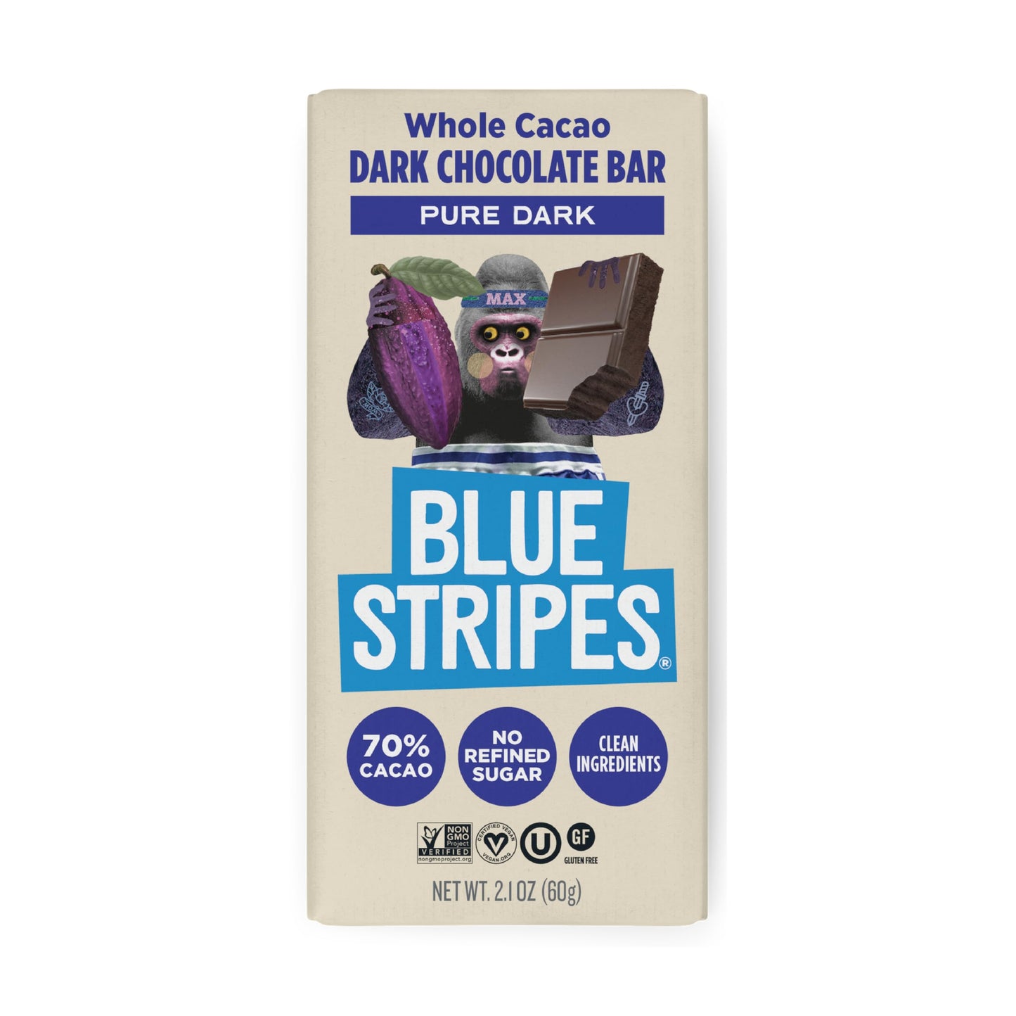 Blue Stripes - Pure Dark Whole Cacao Chocolate Bars, 70% Cacao Bar, Healthy Chocolate, Vegan, No Refined Sugar, Non GMO, Gluten