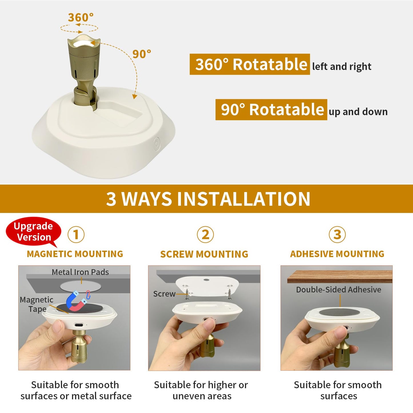 LEASTYLE LED Wireless Spotlights, 3000K/4000K/6000K, Rechargeable, Dimmable Accent Light, White+Gold, 2 Pack, Model TL011