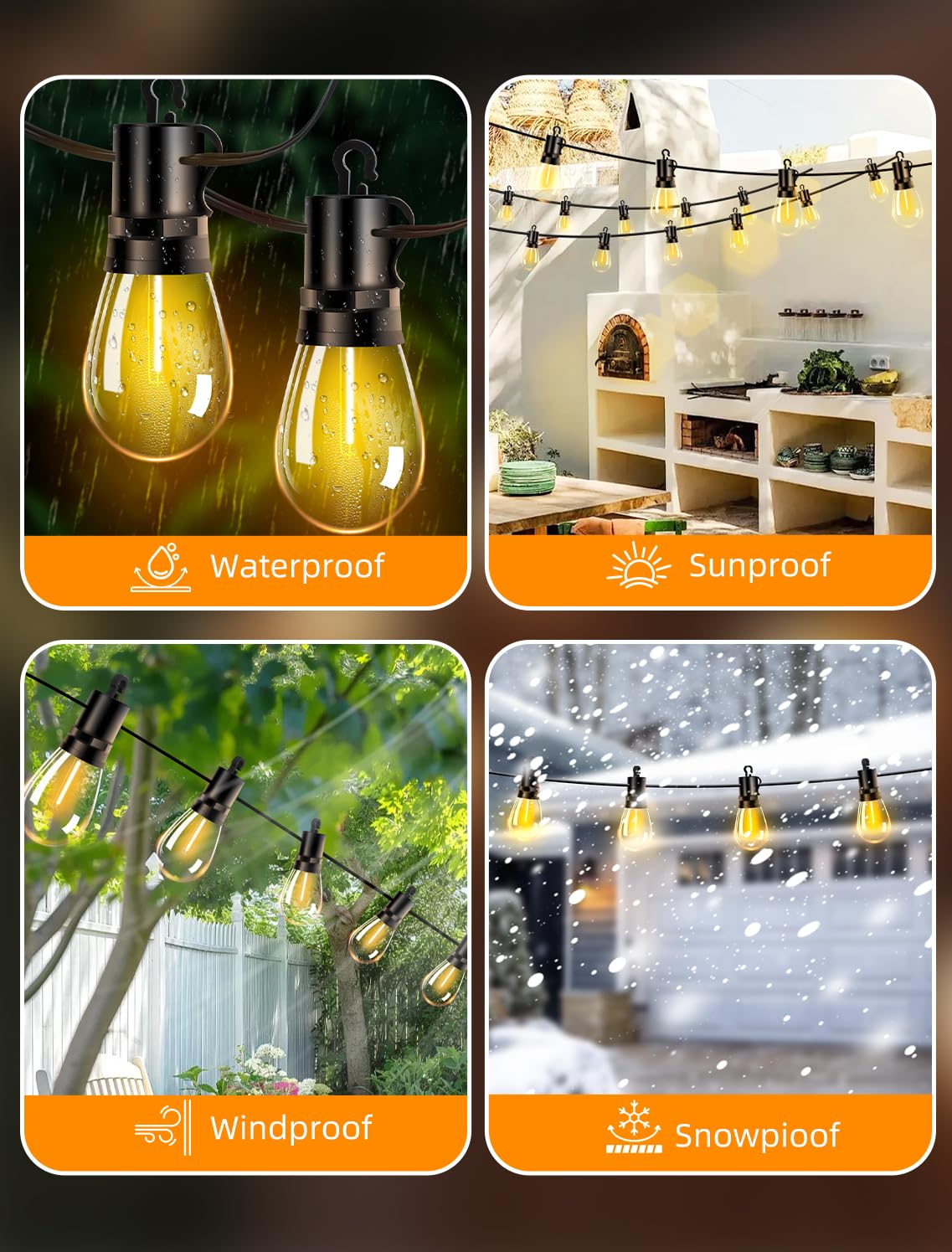 Vozuji Outdoor Patio String Lights: S14 Shatterproof Bulb Outside Waterproof Light - 150Ft 45M Remote Dimmable Connectable Hanging Outdoor Electric Lighting - Garden Backyard Yard Gazebo Porch Party
