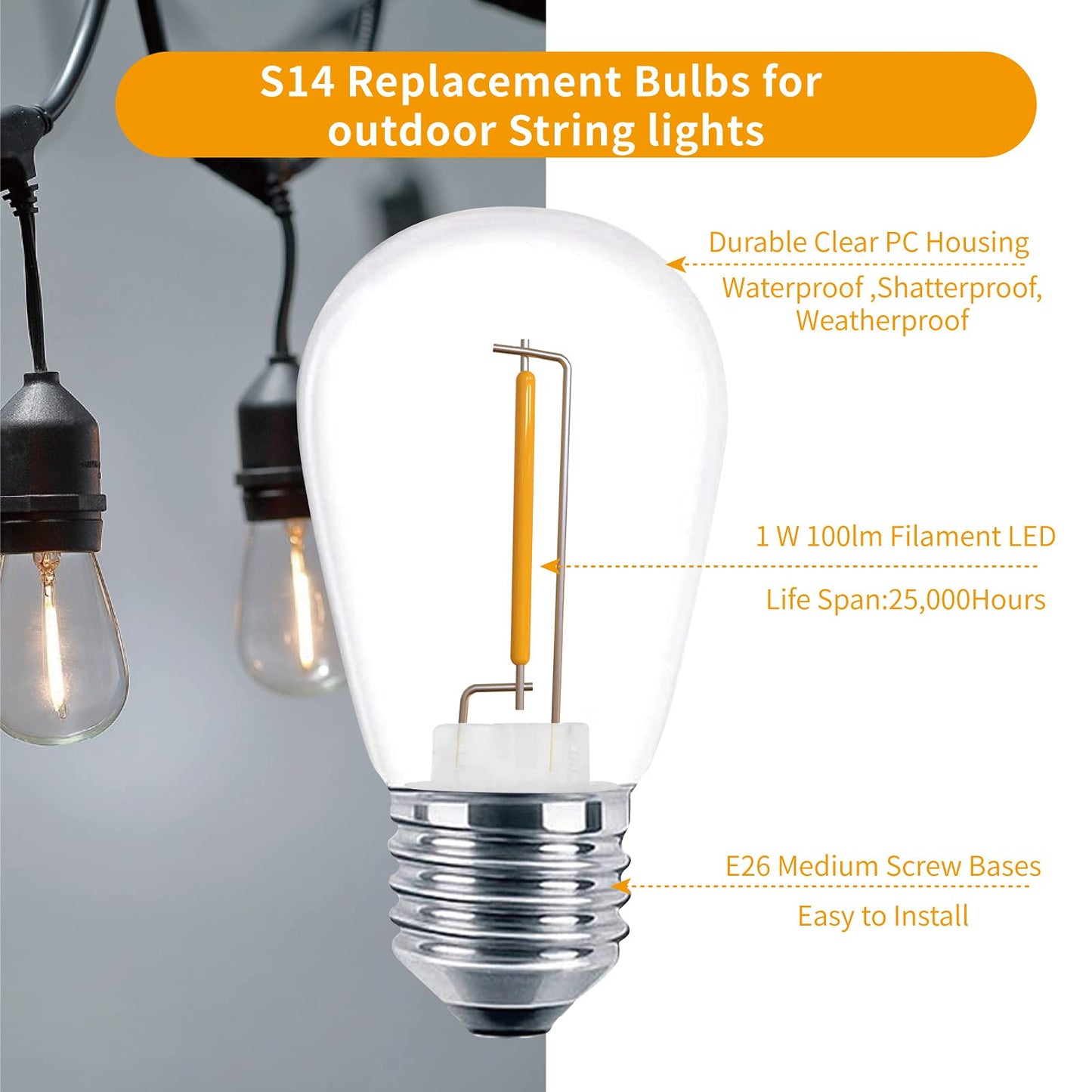 Meconard 24 Pack LED S14 Replacement Light Bulbs, Shatterproof Outdoor 1 Watt to Replace 11Watts String Incandescent Bulb, E26 Regular Medium Screw Base, 2200K Warm White, Non-Dimmable