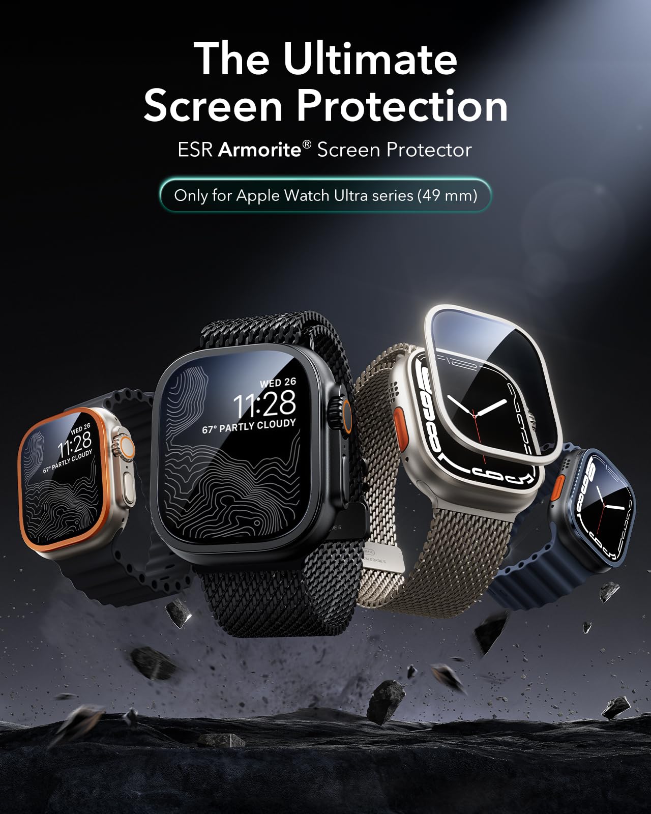 ESR Armorite Screen Protector for Apple Watch Ultra 3 2025 /Ultra 2 /Ultra (49 mm), Military Grade Protection, Tempered Glass Film with Aluminum Alloy Frame, Anti-Scratch, 2 Pack, Black