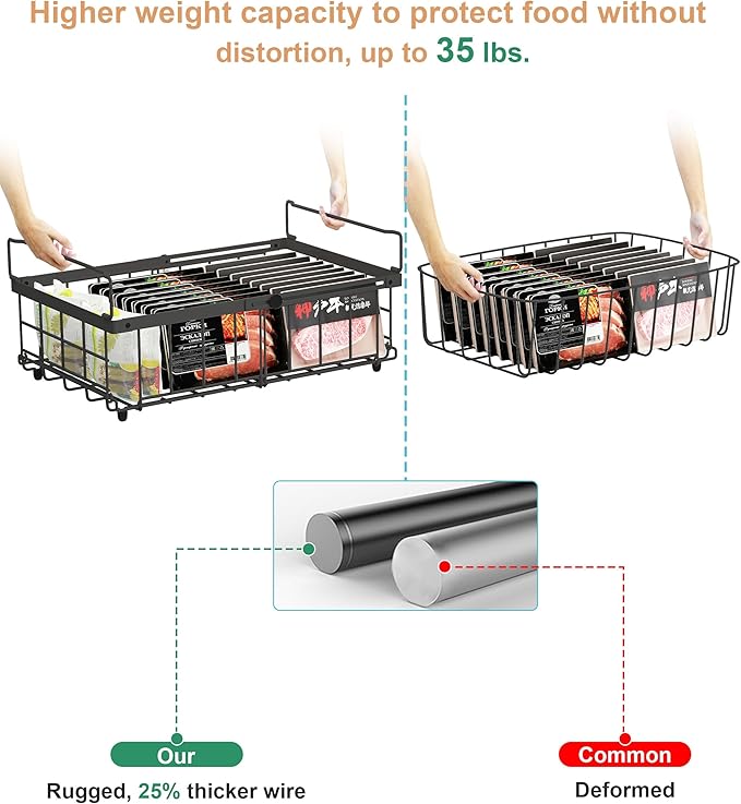 UMDONX 4 Pack Expandable Freezer Organizer Bins Large Freezer organizer Bins Stackable 11.4" Expand to 17.9", Fit 10 to 20 Cu.FT Black
