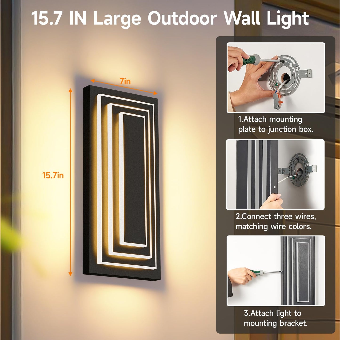 Zsmaiku 3-Tier 15.7 In Outdoor Light Fixture Black Exterior Wall Light Led Modern Wall Sconce Waterproof Outdoor Garage Lighting 24 W Front Door Light 3000K Warm White Acrylic Wall Lamp 2 Pack