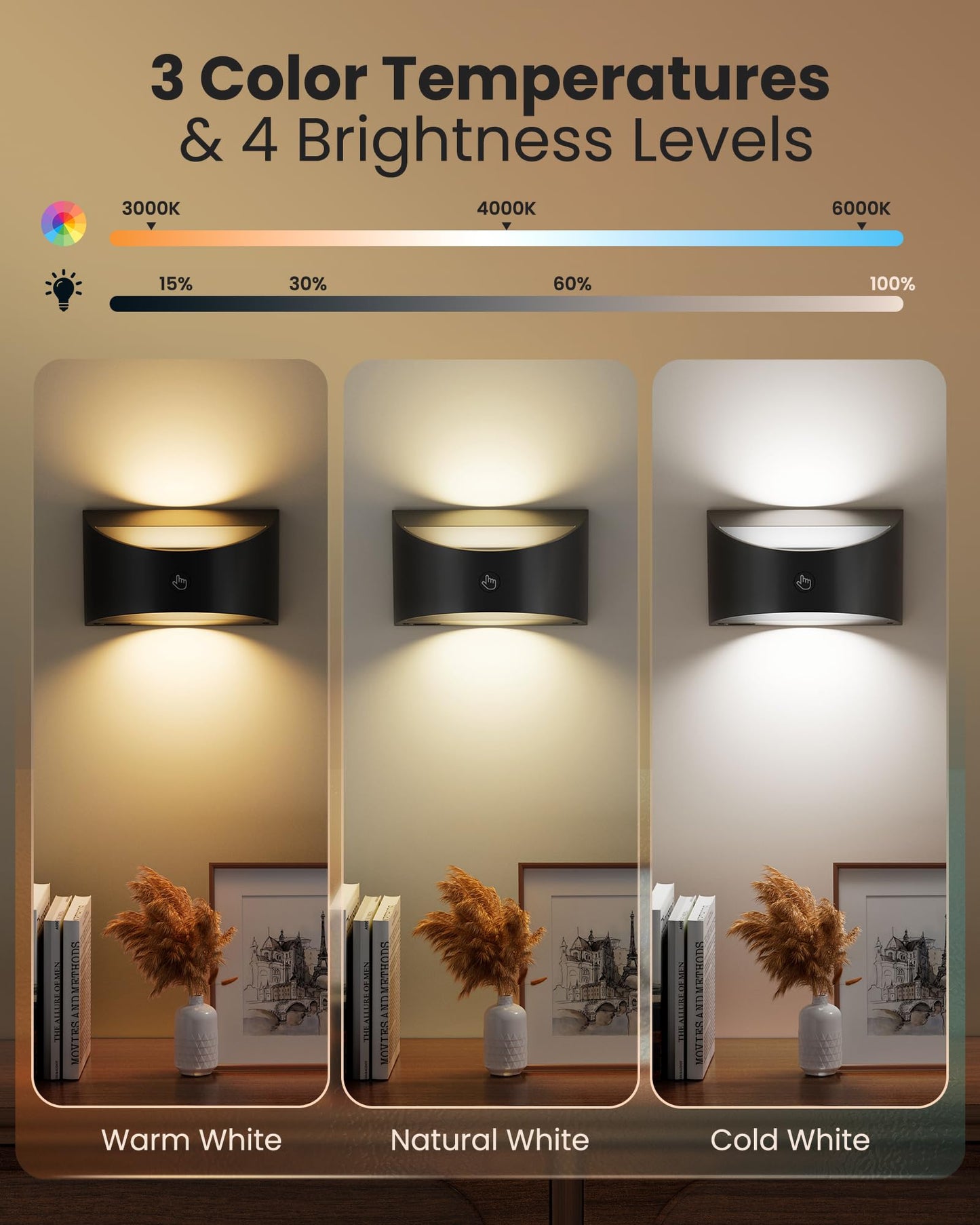 Brightown Magnetic Wall Sconces Set Of Two  Rechargeable Battery Powered Wall Sconce With Remote Control  3 Colors Wireless Up And Down Wall Mount Light For Hallway Bedroom Bedside Living Room (Black)