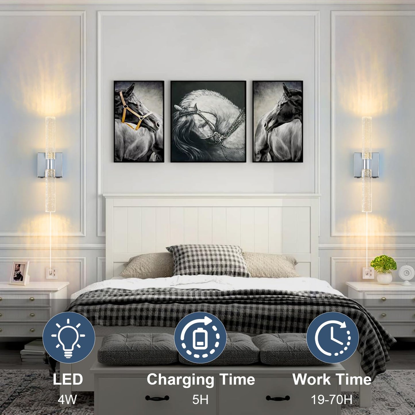 Hongren 17 Inch Chrome Battery Operated Wall Sconces Set Of Two Rechargeable Battery Powered Wall Light With Remote Control Led Dimmable Lamp Fixtures For Living Room Bedroom Hallway (2 Pack)