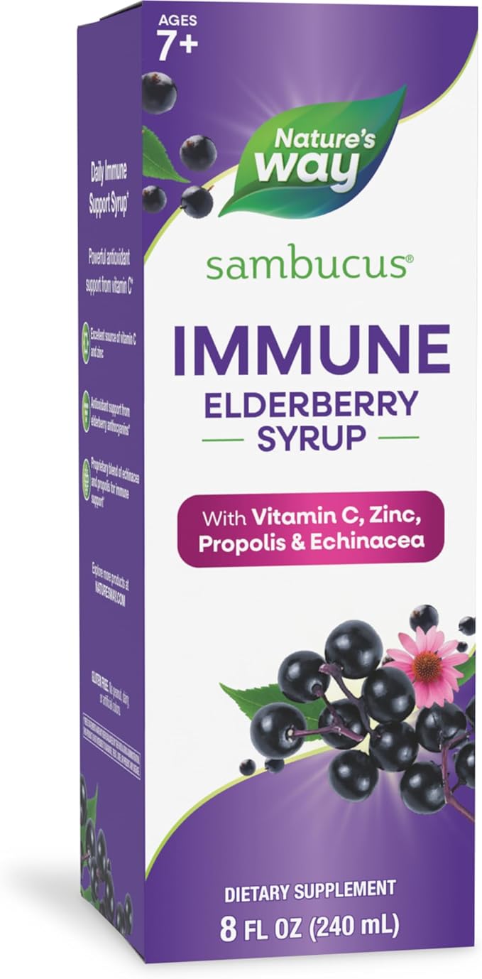 Nature's Way Sambucus Immune Syrup, Elderberry Extract, Vitamin C, Zinc, Echinacea, Propolis, Daily Immune Support*, Antioxidant Support*, Gluten free, Vegetarian, 8 Fl Oz