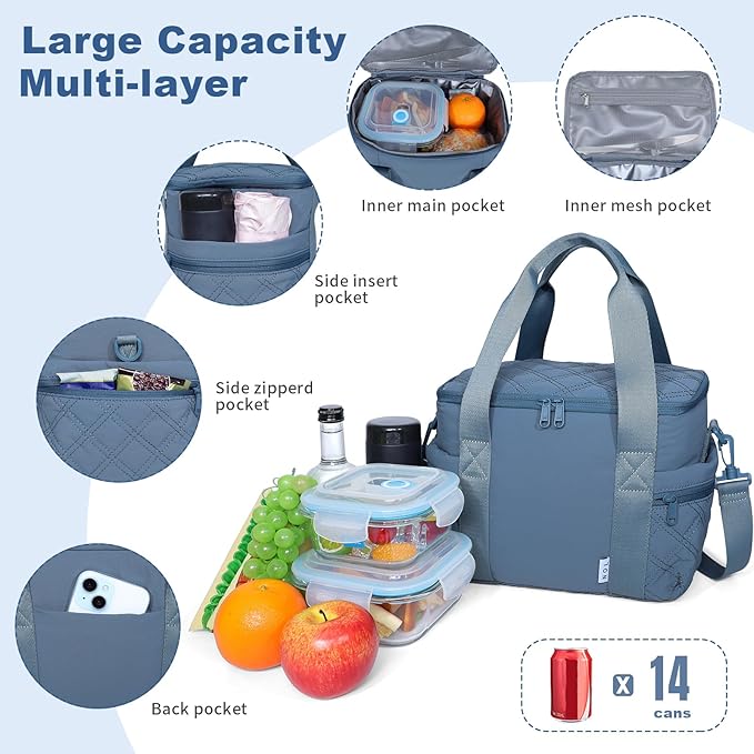 NOL Natural Organic Lifestyle Women's Nylon Lunch Cooler Cute Quilted Lunch Bag Large Leakproof Insulated Lunch Tote Bag for Work Picnic Travel,Dusty blue