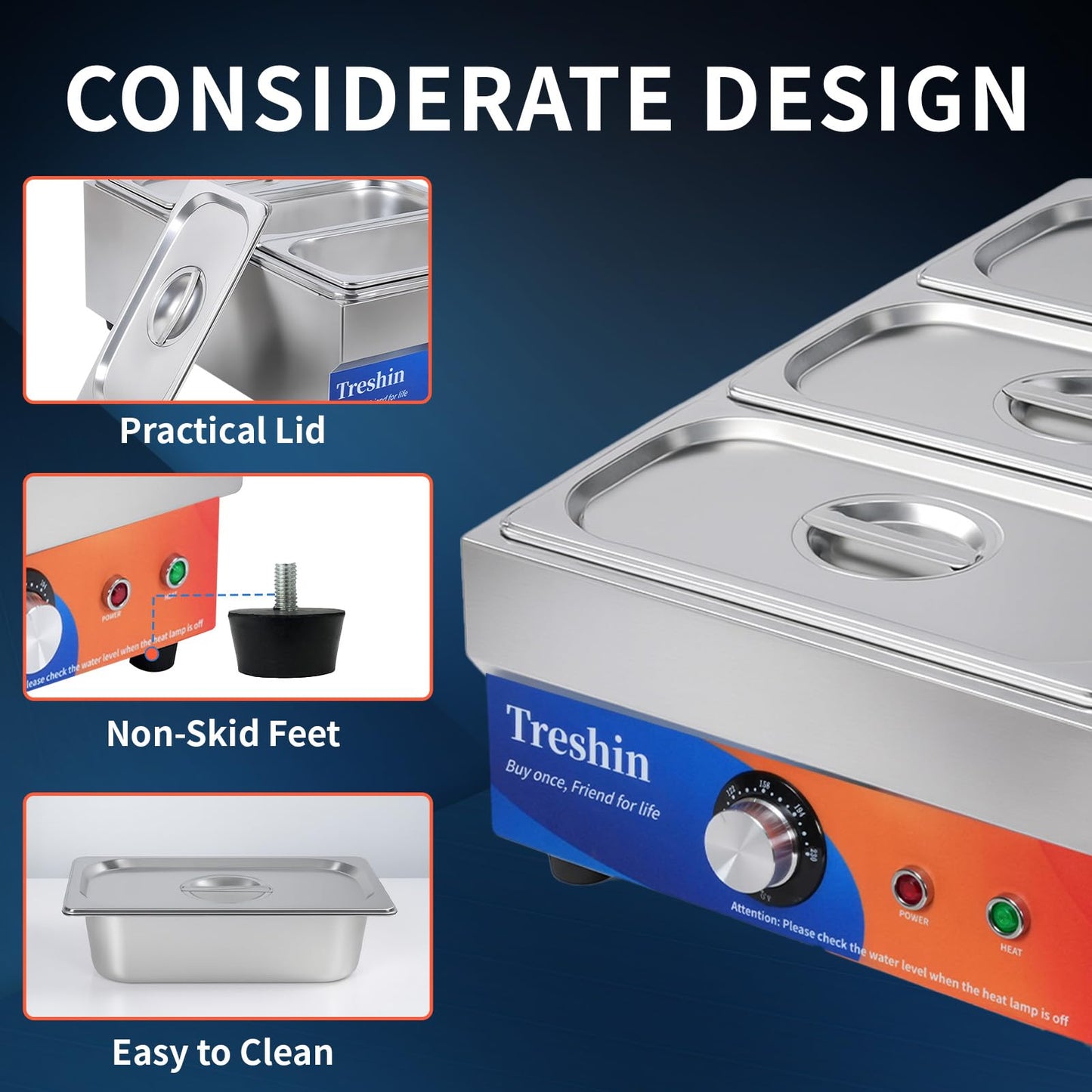 Treshin 3 Pan Commercial Food Warmer, Stainless Steel Bain Marie Food Warmers Steam Table 15 Qt 1200W with Temperature Control & Lid for Home, Catering, Restaurants