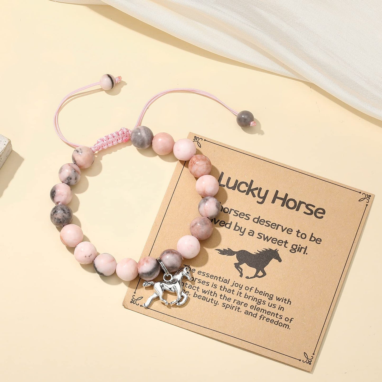 MIXJOY Horse Jewelry, Pony Charm Pink Rope Braided Beads Natural Stone Bracelet for Horse Lovers, Teens Horseback Riding Equestr