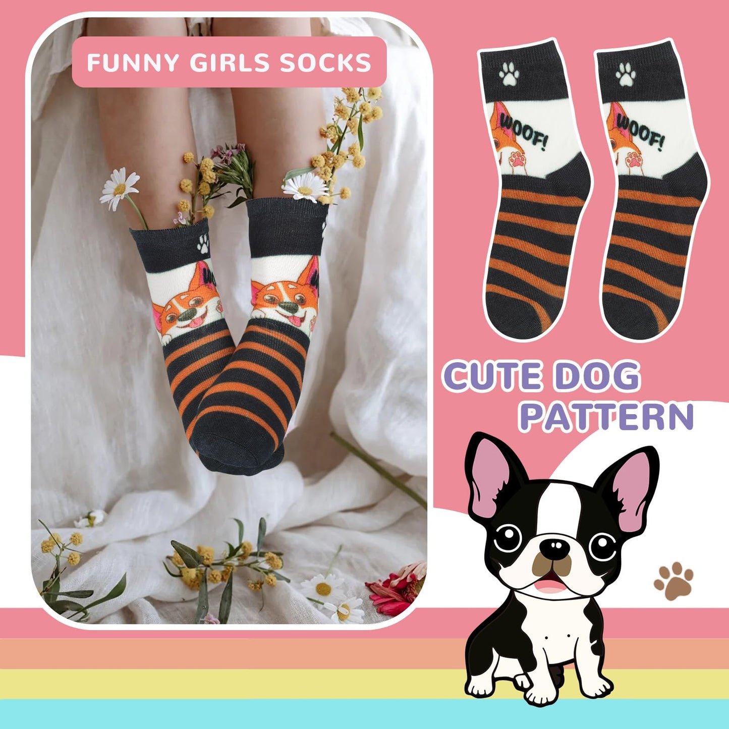 Queenshin Toddler Boys Girls Socks Dog Print Patterned Crew Funny Cotton Cute Cartoon Animal Novelty 1-3T Crazy Sock 6 Pairs Unique Birthday Christmas Gift