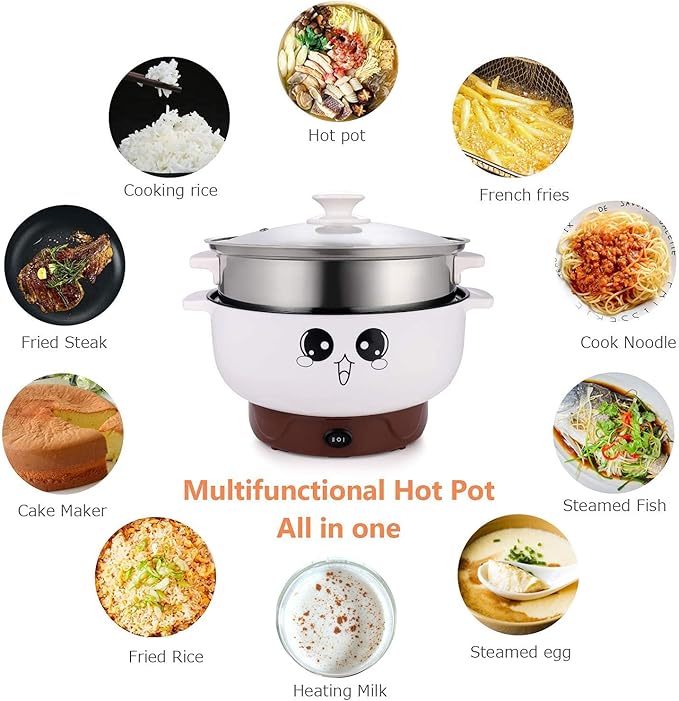 ele ELEOPTION 3.6L (with Lid and Steamer) Multifunction Electric Cooker Skillet Grill Pot Wok Electric Hot Pot for Noodles Cook Rice Fried Stew Soup Steamed Fish Boiled Egg Non-stick