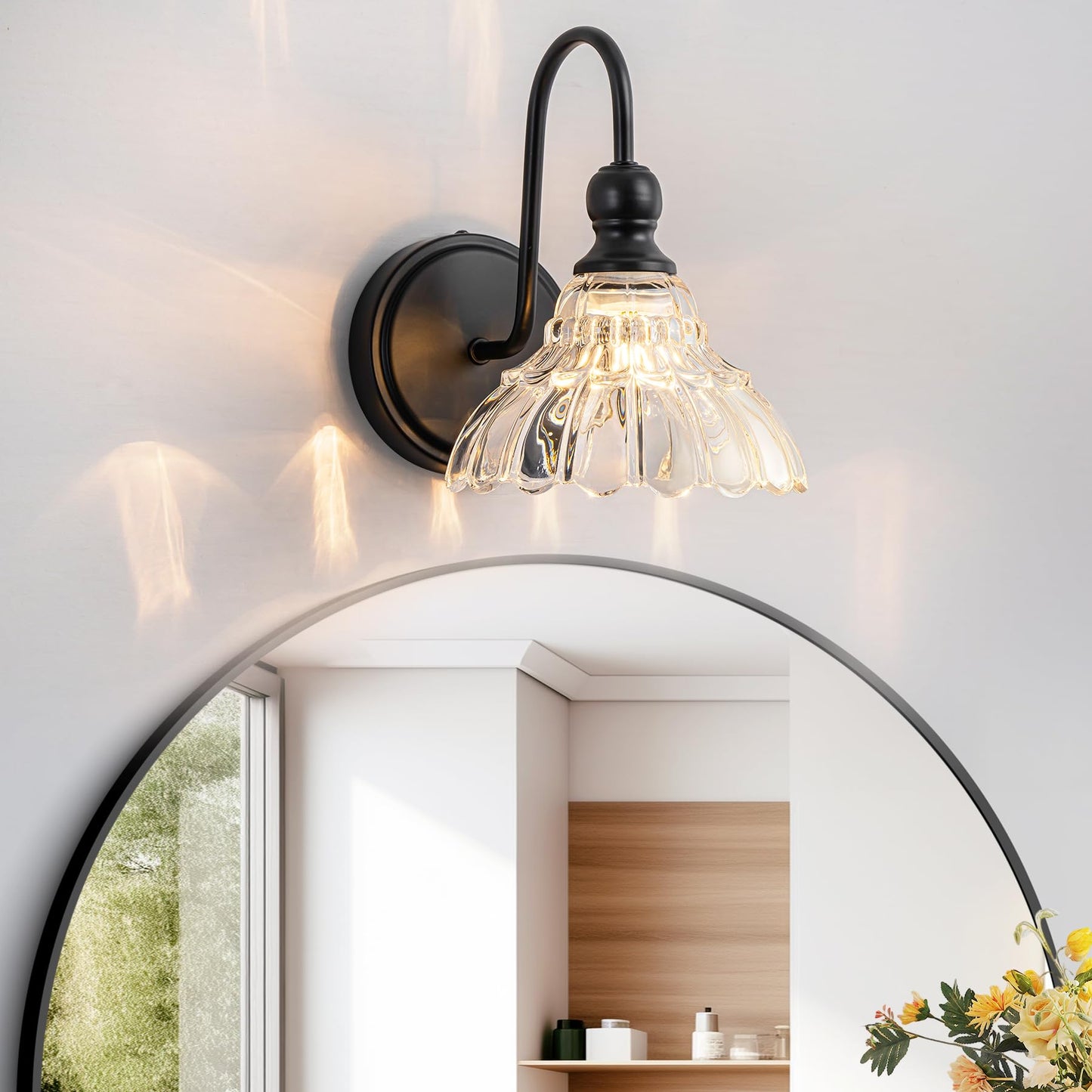 Brknit Vintage Bathroom Light Fixtures Over Mirror  1-Light Black Wall Sconce Lighting With Flower Glass Shade  Farmhouse Vanity Lights For Bedroom Kitchen Living Room Hallway Light