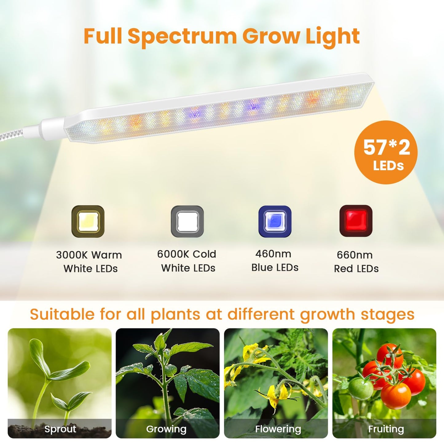 Kullsinss Grow Light for Indoor Plants, 2 Heads, Full Spectrum, Timer, 360? Flexible Gooseneck, Adjustable Height, Model BL-L20A, White