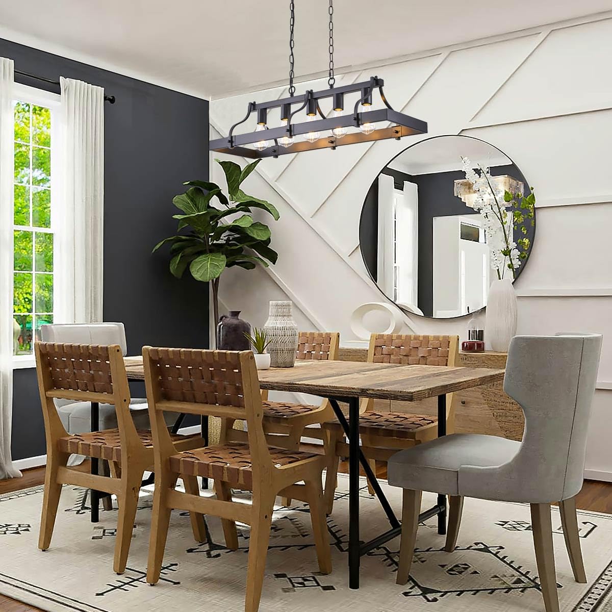Feohak Indutstiral Black Chandeliers For Dining Room  5-Light Farmhouse Rustic Light Fixtures Over Table  Modern Linear Rectangular Kitchen Island Ceiling Pendant Lighting