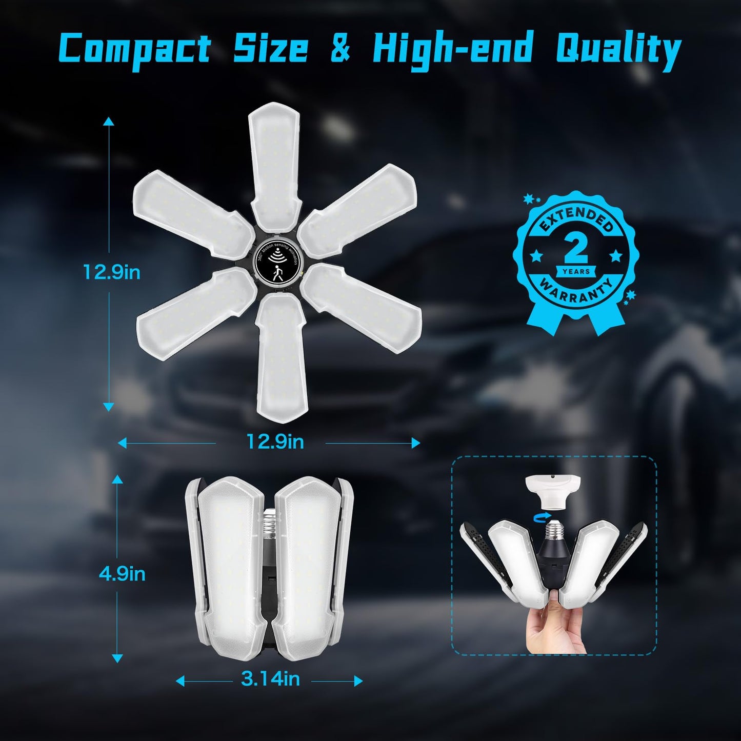 Motion Sensor Garage Light  Bright 18000Lm Basement Shop Ceiling Lighting With Motion  180W Led Motion Activated Garage Lighting W/ 6 Adjustable Panels Screw In E26 E27 Bulb For Basement Shop(1Pack)