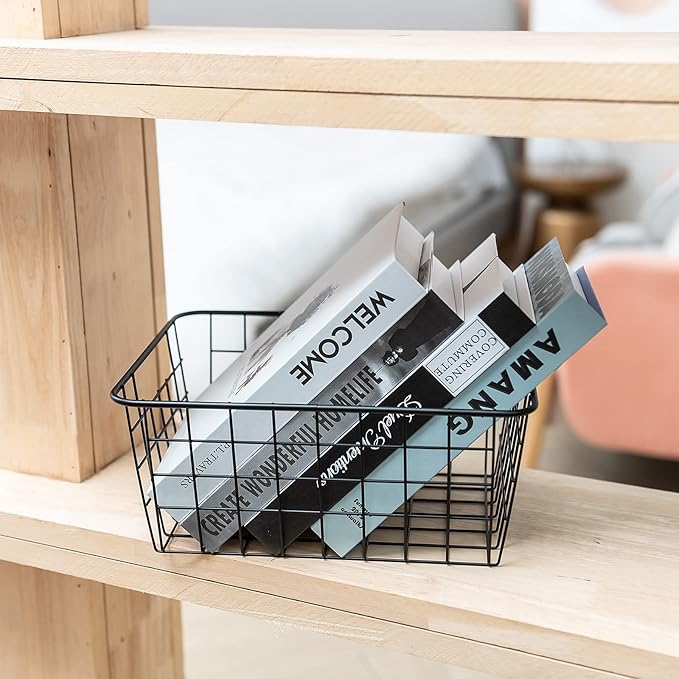 Wire Kitchen Storage Basket 4 Packs,Perfect Pantry Organization Accessories Basket,Laundry Basket,Countertop Organization,Suitable for Kitchen,Bathroom,Bedroom,Tabletop,Stackable,Brown