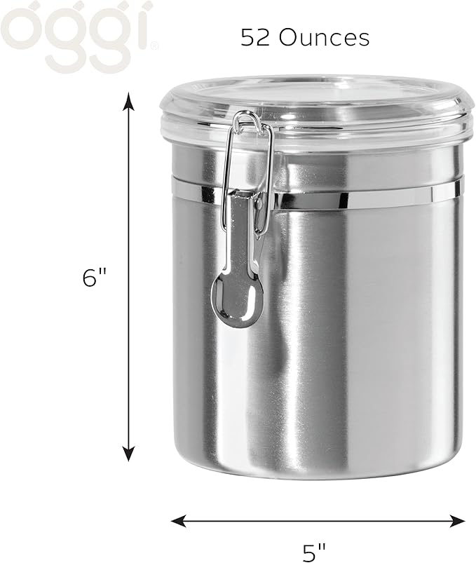 OGGI Stainless Steel Kitchen Canister 47oz - Airtight Clamp Lid, Clear See-Thru Top - Ideal for Kitchen Storage, Food Storage, Pantry Storage. Large Size 5" x 6"