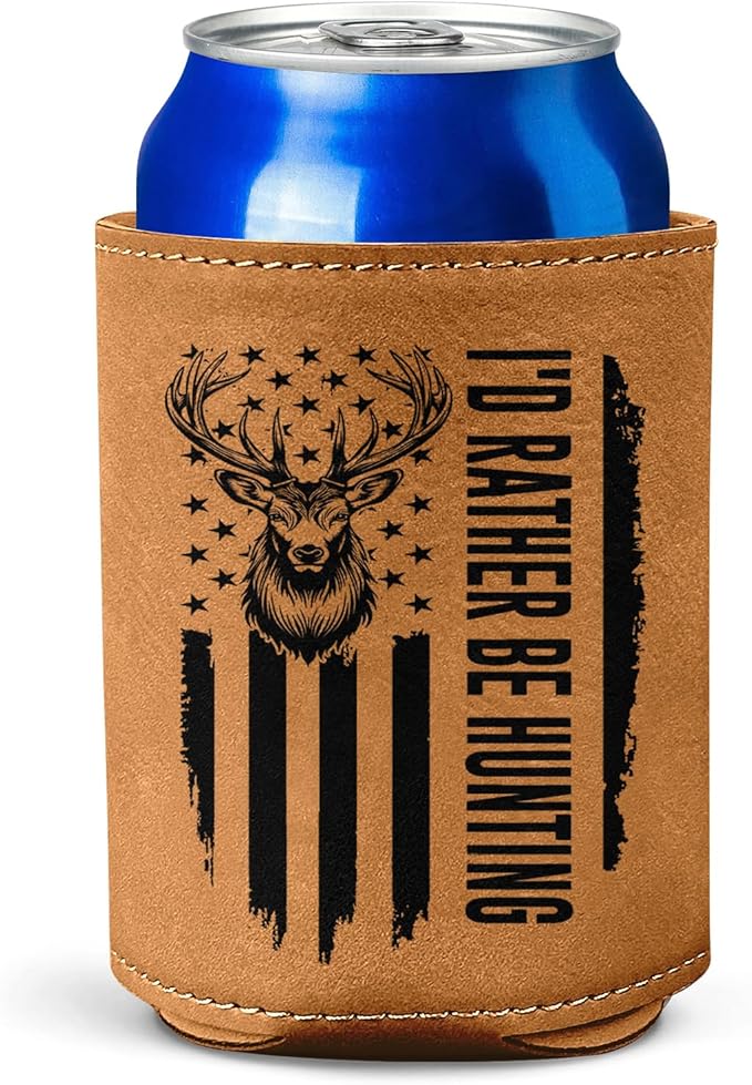 Hunting Gifts for Men – Leather Beer Can Cooler – Christmas, Birthday Gift for Hunters – Hunting Present for Dad, Husband, or Friend – Durable Collapsible Leather Can Holder