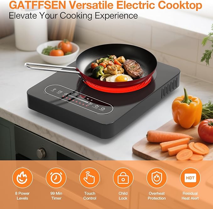 Electric Cooktop, Portable Electric Stove with LED Touch Control 8 Power Level, 1800W Induction Burner Hot Plate with Child Safety Lock, Timer and Overheat protection for Home Camping