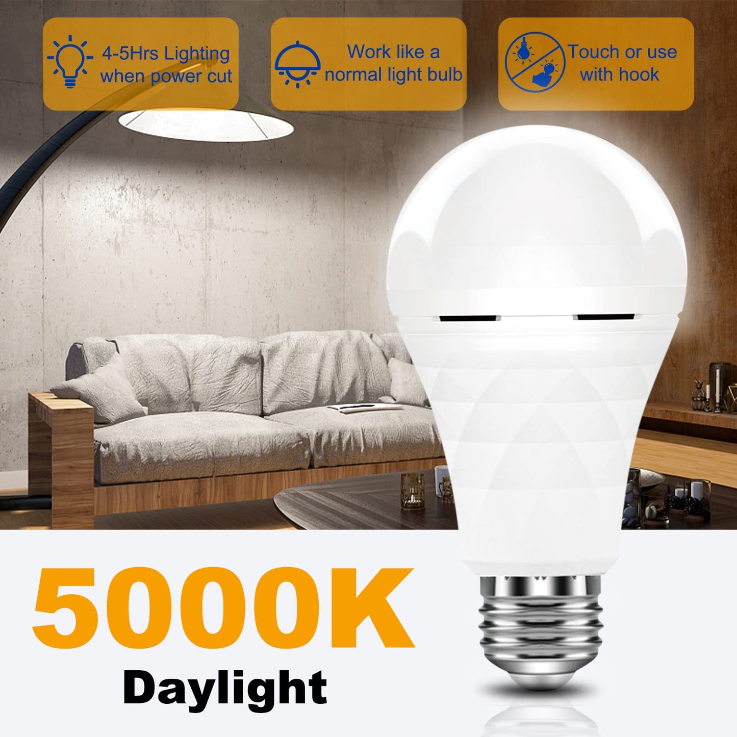 BoRccdit A19 Rechargeable Light Bulbs, 12W LED, 1200mAh, E26/E27, 5000K Daylight, 3 Count, ABS Material