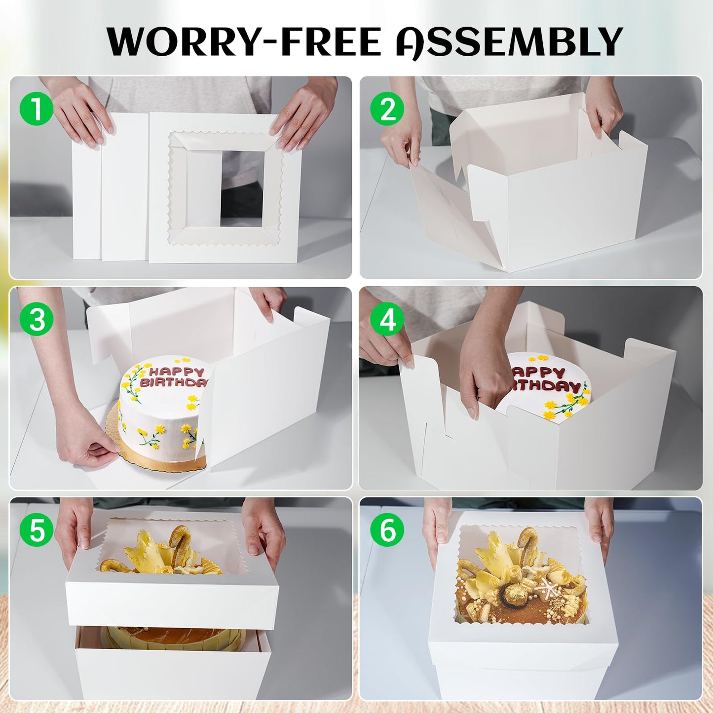 TLAZZ 15 Pcs 10x10x8 Inch Tall Cake Boxes with Window, White Square Cheesecake Bakery Boxes, Large Cardboard Cake Baking Boxes with 90 Stickers for Cakes, Pies, Wedding, Birthday Party