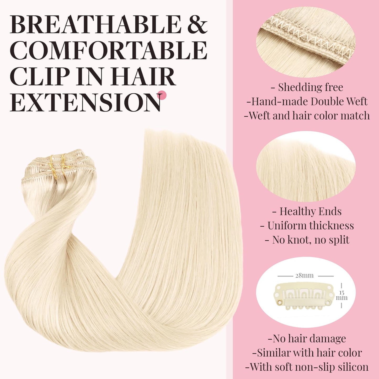 MAXITA Clip in Hair Extensions - Platinum Blonde Real Human Remy Hair, 120g 7pcs 22 Inch, Straight Long Natural