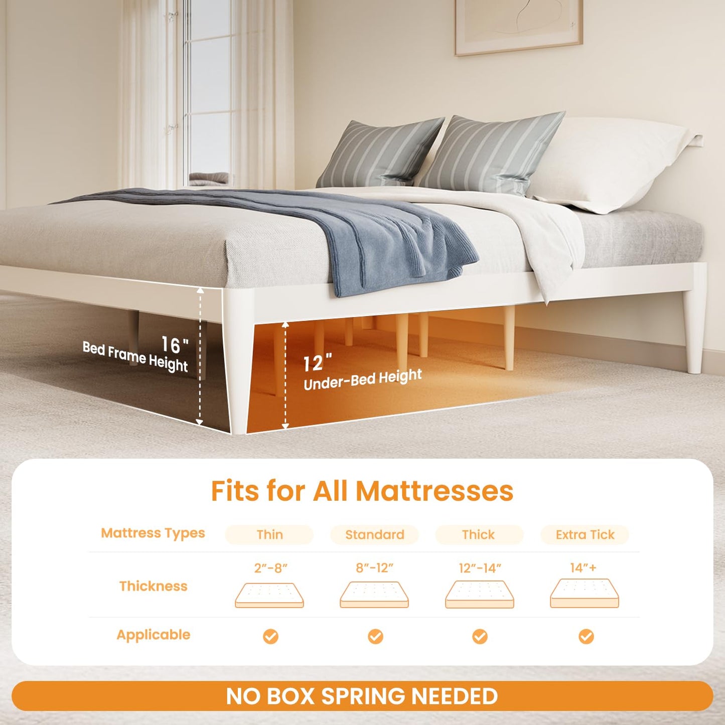 IOTXY California-King Platform Bed Frame - Solid Wood 16-Inch Height Mattress Foundation Base with Densely Slats and Heavy-Duty Support Legs, No Box Spring Needed, White