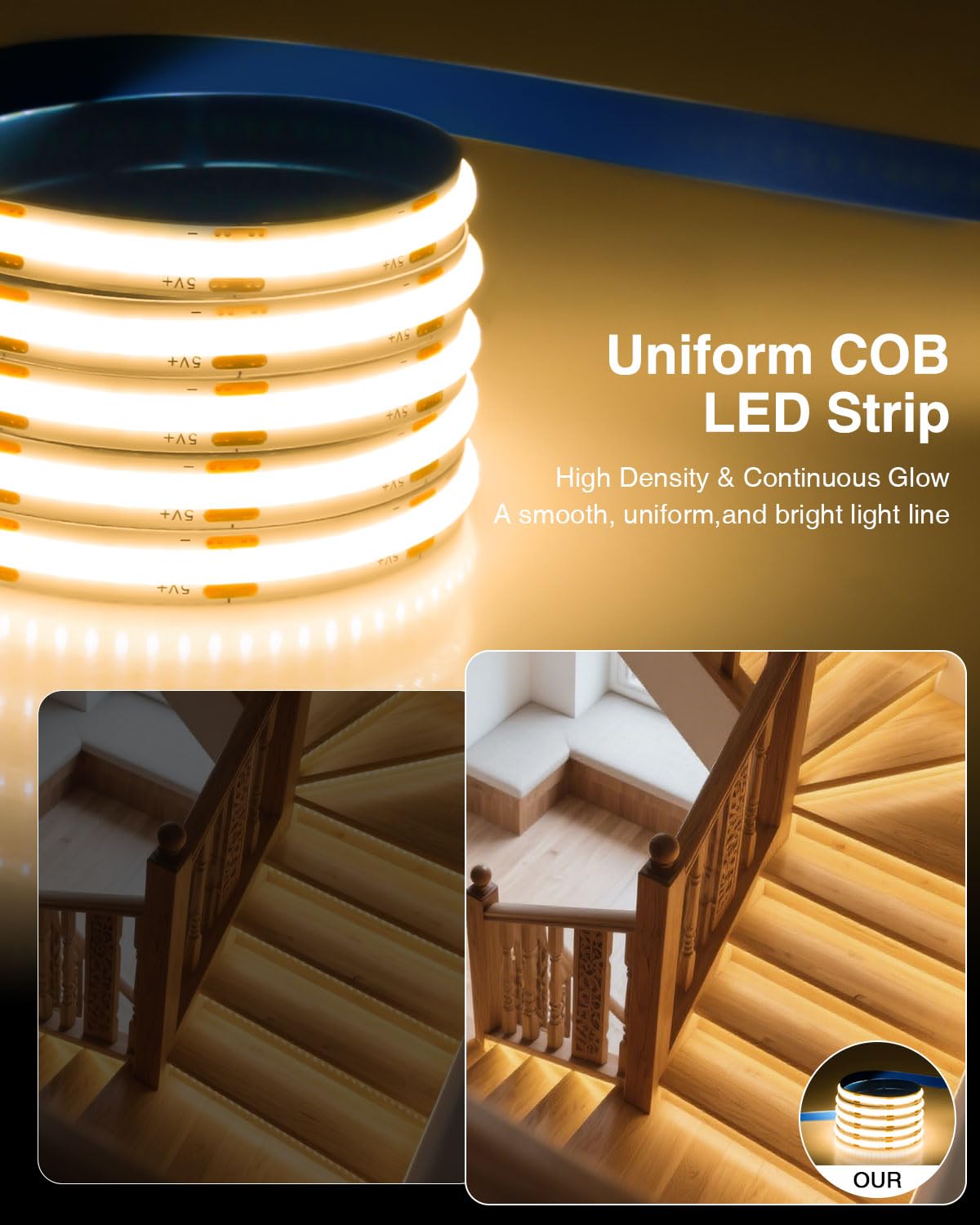 Aclorol Cob Led Strip Light 5V Usb Dimmable Led Strip Light 3000K Warm White 3.28Ft Rope Lights Flexible And Cuttable For Bedroom Wardrobe Kitchen Cupboard Staircase Home Diy Lighting 320Leds (2 Pack)