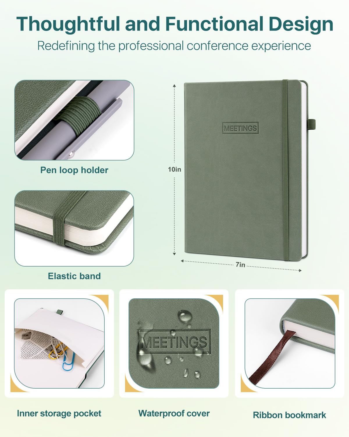 WEMATE Meeting Notebook for Work, Work Planner Notebook With Action Items, Easily Take Meeting Notes & Keep Agendas on Track, Calender, Index Page, Inner Pocket, 7×10 Inch, Olive Green