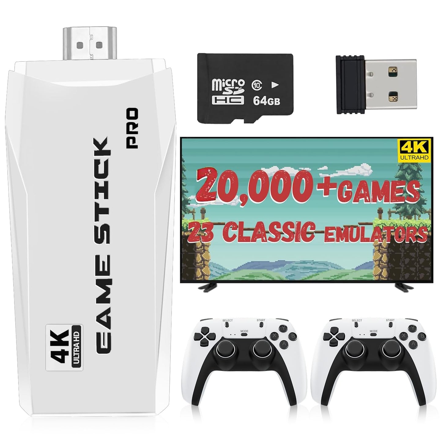 New Retro Game Console, Classic Video Games with 4K HDMI, 20,000+ Games and 23 Emulators, Upgraded Dual 2.4G Wireless Controllers 64GB