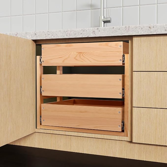 Pull Out Drawers For Cabinets, 17''W×21''D×19''H Soft Close Slide Out Wood Shelves Storage Organizer for Kitchen, 3-Tier, Finished, Heavy-Duty, Bottom Assembly