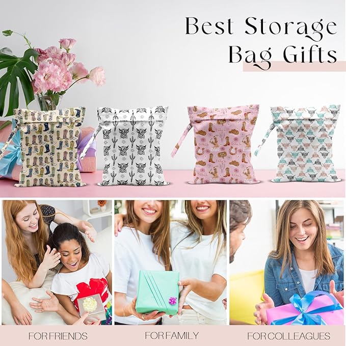 4Pcs Waterproof Wet Bag for Swimsuit, Travel Beach Wet Dry Bag, Hidden Zipper Reusable Western Cowgirl Decor, for Travel Beach Wet Swimsuits Toiletries Diapers Laundry Bag