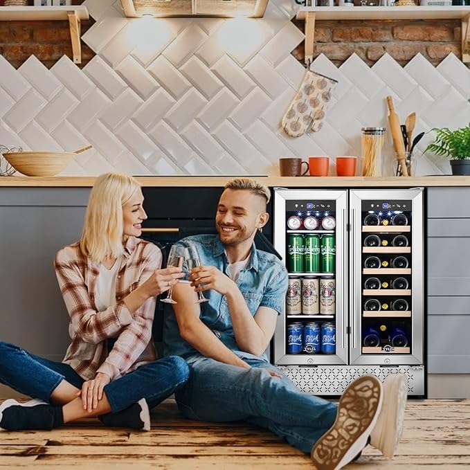 Tylza Wine and Beverage Refrigerator, 24 Inch Dual Zone Wine Fridge, Holds 20 Bottles and 88 Cans, French Doors, Lock, Under-counter or Freestanding Wine Cooler, Beverage Fridge with Tempered Glass