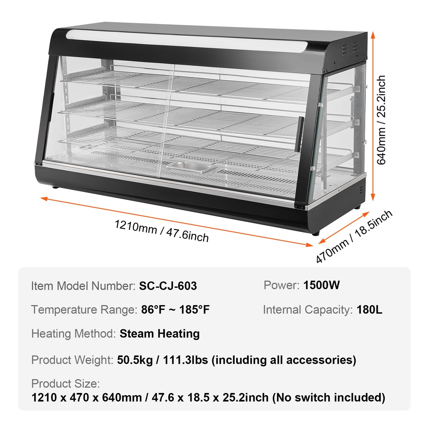 VEVOR 3-Tier Commercial Food Warmer Display, 1500W Food Display Warmer with Light, Adjustable Shelf and Temperature Display, 86℉~185℉ Steam Heating, 180L for Hamburger, Pizza, Bread, Fried Chicken