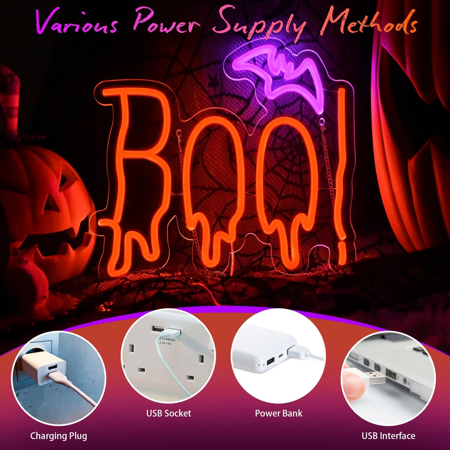 Lingqiang Halloween Neon Sign, Dimmable LED Light, Acrylic, Orange Purple BOO Design