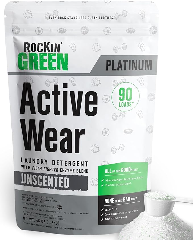 Rockin’ Green Active Wear Laundry Detergent - Unscented Laundry Detergent Powder & Odor Eliminator - Workout Clothes & Spo...
